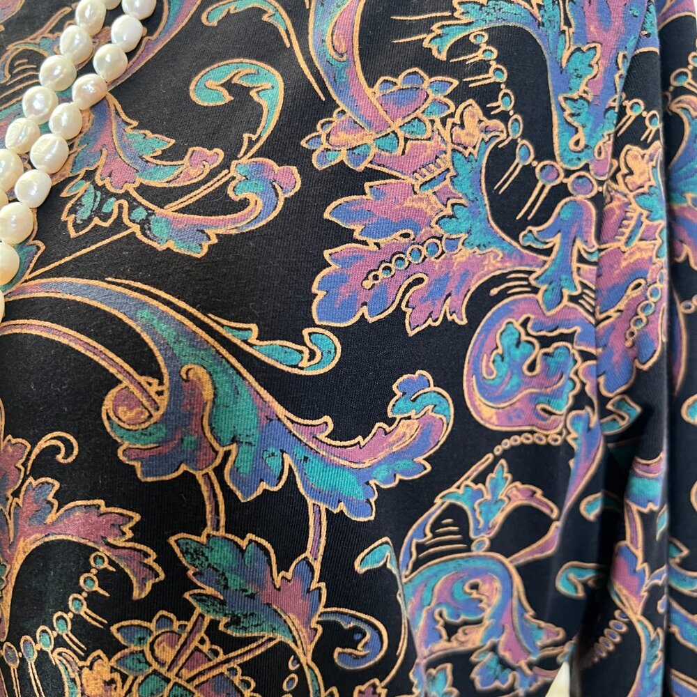 PERUVIAN CONNECTION Midi Dress-Black Gold Lavender Pima Cotton-Size Large - Picture 12 of 12